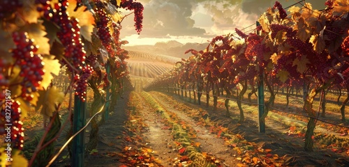  A network of winding vineyards draped in colorful autumn foliage, ripe grapes hanging heavy from the vines bathed in the warm afternoon sun. 