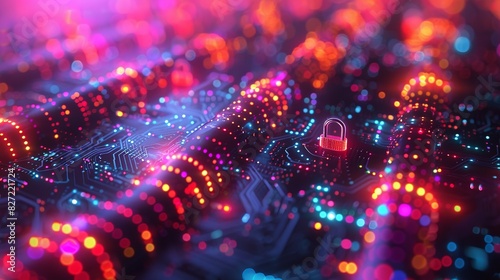 A vibrant 3D illustration of cybersecurity systems, featuring digital locks and encrypted data streams within a neural network, highlighted by a bright, colorful bokeh background.