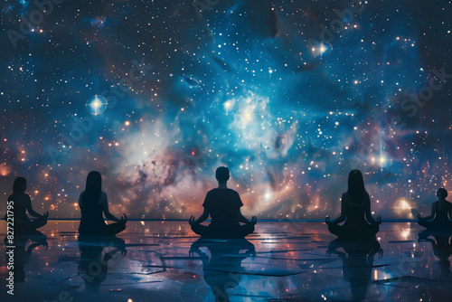 A cosmic scene of yogis meditating under a star-filled sky, with celestial bodies aligning to form geometric patterns mirroring yoga postures photo