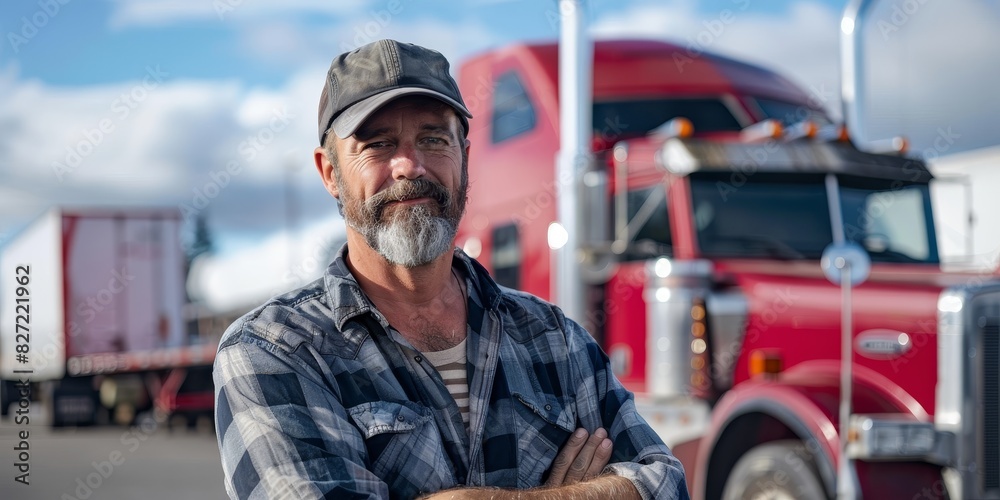 A long haul trucker stands in front of his semi truck on a sunny day. A long haul trucker stands in front of his semi truck on a sunny day.