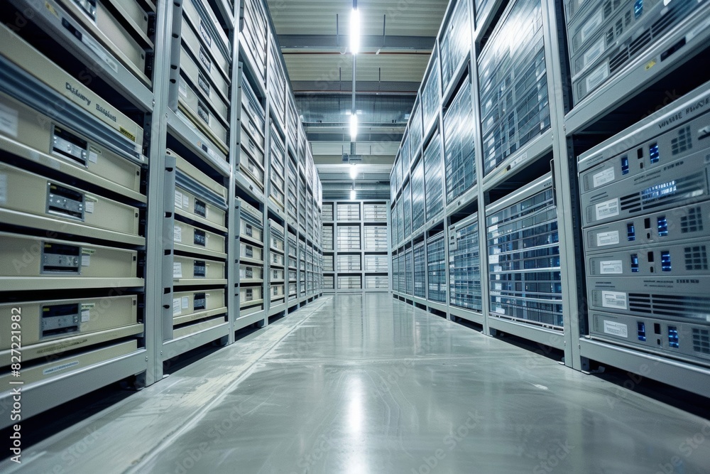 Warehouse filled with rows of storage units storage unit This may include servers, hard drives, and racks. Warehouse filled with rows of storage units storage unit This may include servers, hard drives, and racks.