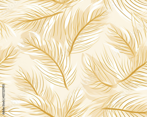 Elegant seamless pattern with golden feathers on a beige background. Perfect for wallpapers, textiles, and decor.