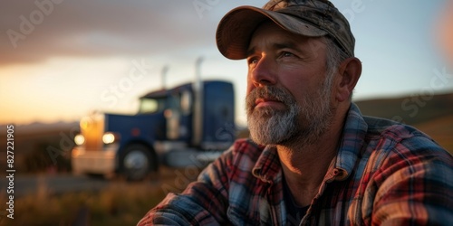 A trucker is sitting on the side of the road, looking out at the sunset. He is wearing a hat and a plaid shirt. There is a semi truck in the background. photo