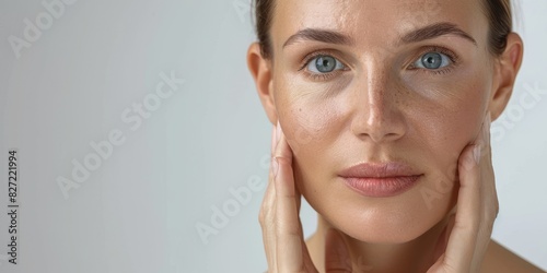 Close up of beautiful woman face with natural skin and green eyes touching her face. Skincare and cosmetology concept.