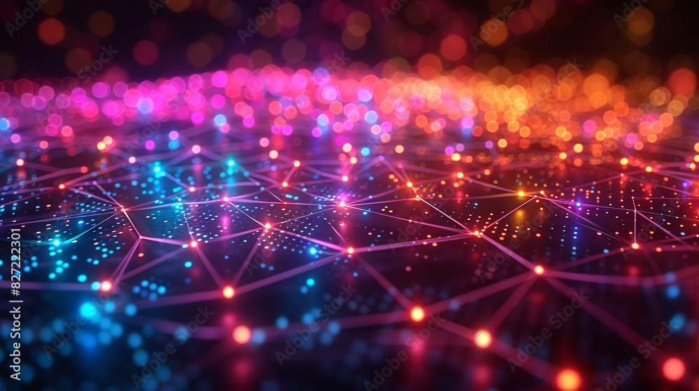 Obraz premium A futuristic 3D model of a global database network, showcasing interconnected data points and pathways illuminated by bright colors, with a bokeh-enhanced background to symbolize the flow of