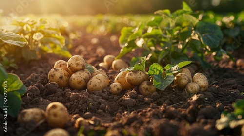 Ground level view of potatoes clustered on fertile soil in a farm photo