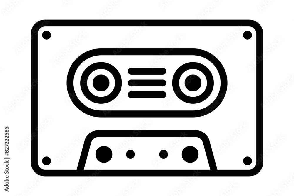 Vector icon of a classic cassette tape, rendered in a simple black and white style, perfect for retro music themes. Editable stroke.