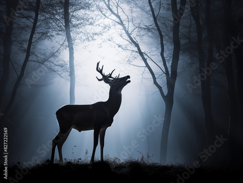 Deer With A Semi-transparent Body Revealing Its Skeleton, Howling At The Moon In A Dense, Eerie Forest