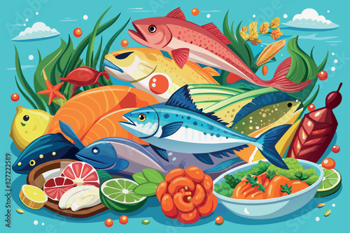 Illustration of various types of fish and seafood. It shows salmon, tuna and mackerel, along with lemon slices, greens and a bowl of apparently shrimp salad.