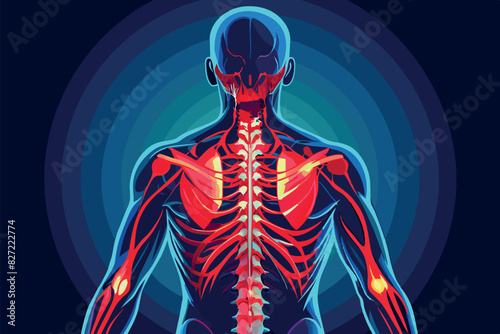  human skeleton with visible muscles and organs. The background is in bright red and purple colors with abstract shapes.
