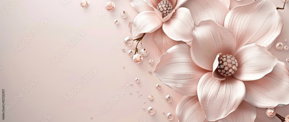 A light pink background with two large magnolia flowers on the right sid.
