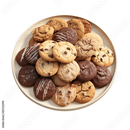 chocolate chip cookies on a plate, isolated on transparent background Remove png, Clipping Path, pen tool