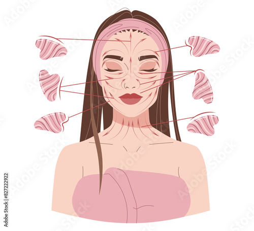 Gua Sha Massage Scheme. Skin care. A young girl takes care of her face. Relaxing Asian facial massage technique using a scraper. Flat vector illustration on isolated background