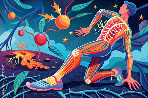 Art combining elements of human anatomy with cosmic themes. Depicts a stylized human figure with visible bone and muscular system, sitting in a relaxed pose against a cosmic background 