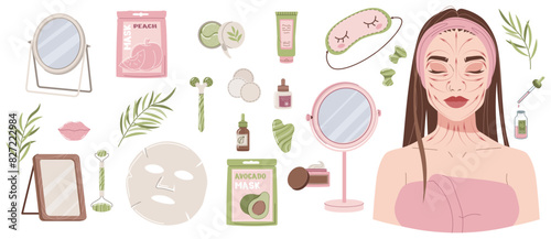 Scheme of gua sha massage on beautiful girl and beauty items on isolated background. Relaxing, firming massage for face and body. Beauty products, skin care. Vector flat illustration