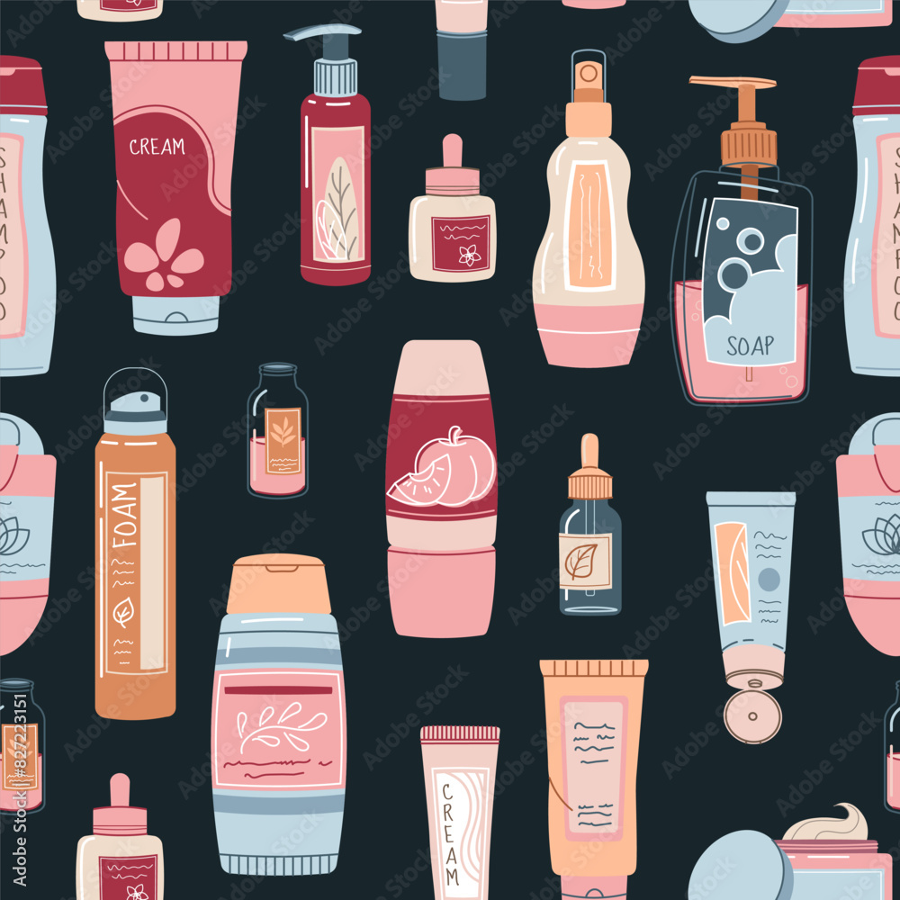 Seamless pattern with bottles of cosmetic products. Shampoo, cream, soap for face and body. Personal care, hygiene. Vector flat illustration for texture, background, wallpaper, fabric Seamless pattern with bottles of cosmetic products. Shampoo, cream, soap for face and body. Personal care, hygiene. Vector flat illustration for texture, background, wallpaper, fabric