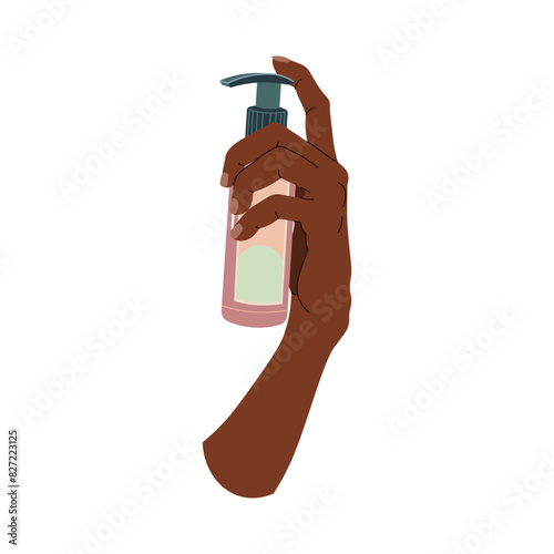 Dark skin hand holding a bottle of gel. Skin care. Sun protection, skin care for hands, face and body. Vector flat illustration on isolated background