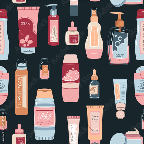 Seamless pattern with bottles of cosmetic products. Shampoo, cream, soap for face and body. Personal care, hygiene. Vector flat illustration for texture, background, wallpaper, fabric