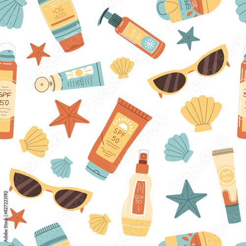 Seamless pattern with sunscreen and seashells. SPF protection for skin from the sun. Summer endless texture. Great for texture, background, wallpaper, scrapbooking.