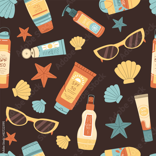 Seamless pattern with sunscreen and seashells. SPF protection for skin from the sun. Summer endless texture. Great for texture, background, wallpaper, scrapbooking.