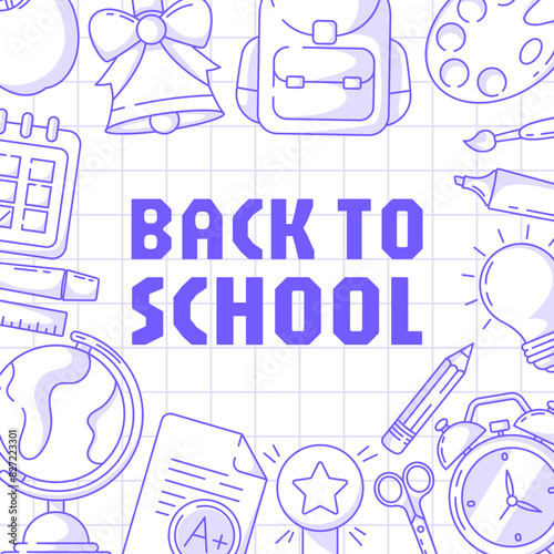 Back to school, square poster, checkered background. Vector minimalist design with school supplies, stationery. Education, learning, knowledge concept. For social media, banner, flyer, card, post