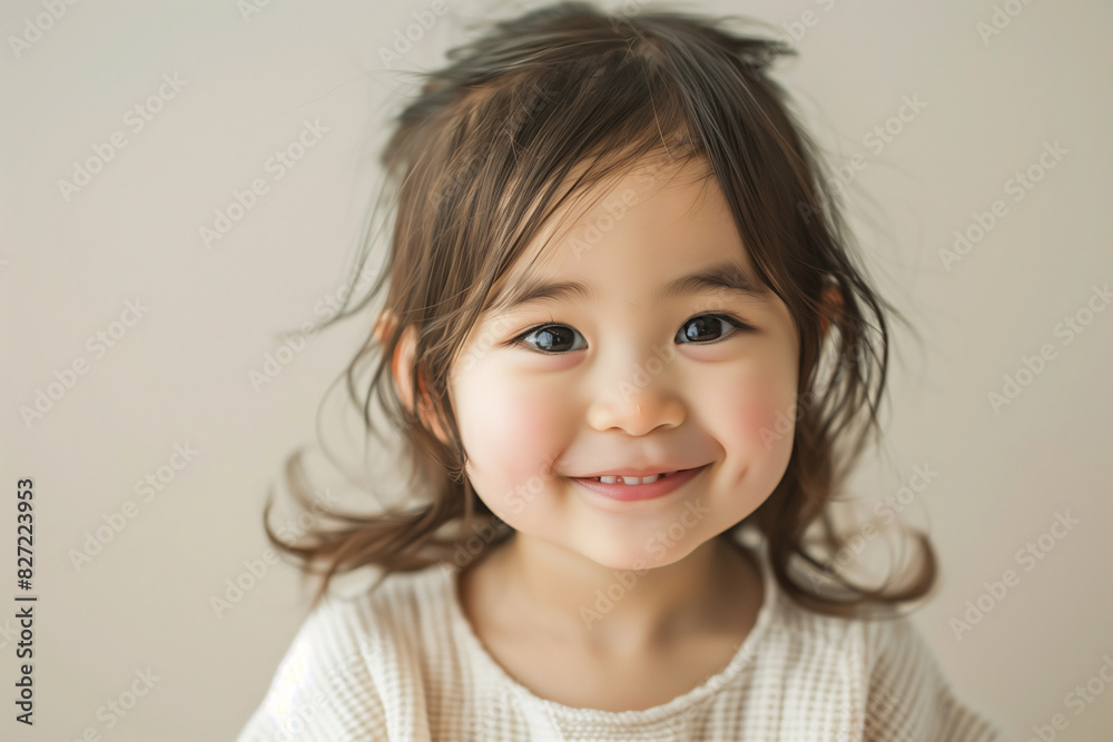 Adorable Asian Toddler Smiling in Natural Light Portrait, Wearing Cream Sweater with Messy Hair and Innocent Expression Adorable Asian Toddler Smiling in Natural Light Portrait, Wearing Cream Sweater with Messy Hair and Innocent Expression