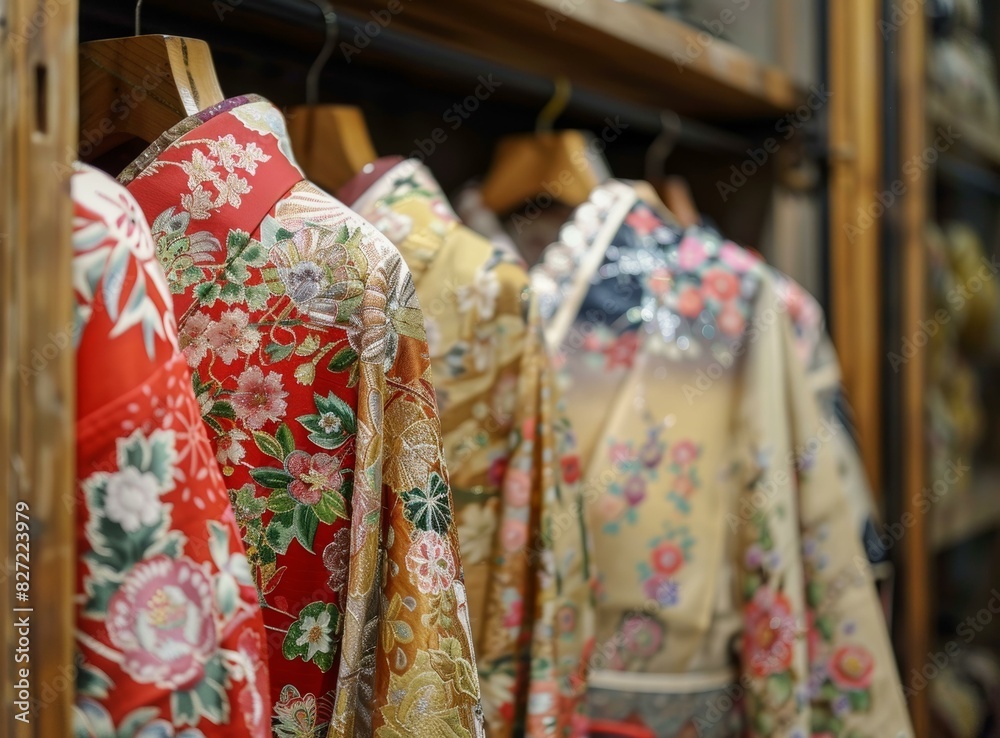 A rack of traditional Japanese kimono with floral patterns