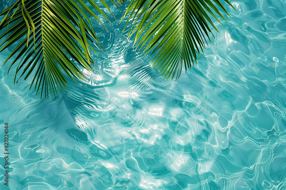 Palm leave above clear water background. Summer holiday and outdoor relax concept. Copy space Palm leave above clear water background. Summer holiday and outdoor relax concept. Copy space