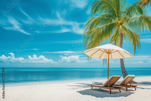 Chair, umbrella and palm tree at beautiful tropical beach. Summer vacation and travel. Free space © Patcharaphon