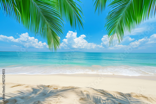 Tropical white sand beach on foreground with beautiful blue sky and clear water. summer concept