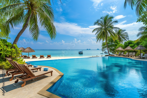 Outdoor swimming pool in luxury tropical beachfront resort. Summer  holiday and relaxiation concept