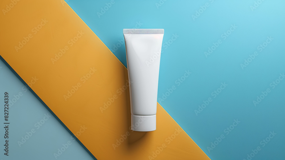 A tube of white cream is sitting on a yellow and blue striped background A tube of white cream is sitting on a yellow and blue striped background