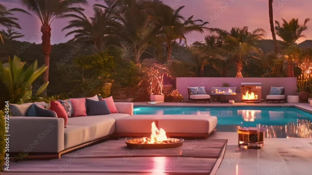 Summer pool area. Poolside lounge area with sofa with colorful pillows. Beautiful eastern spa or wellness concept, recreational vacation hotel resort tranquil area