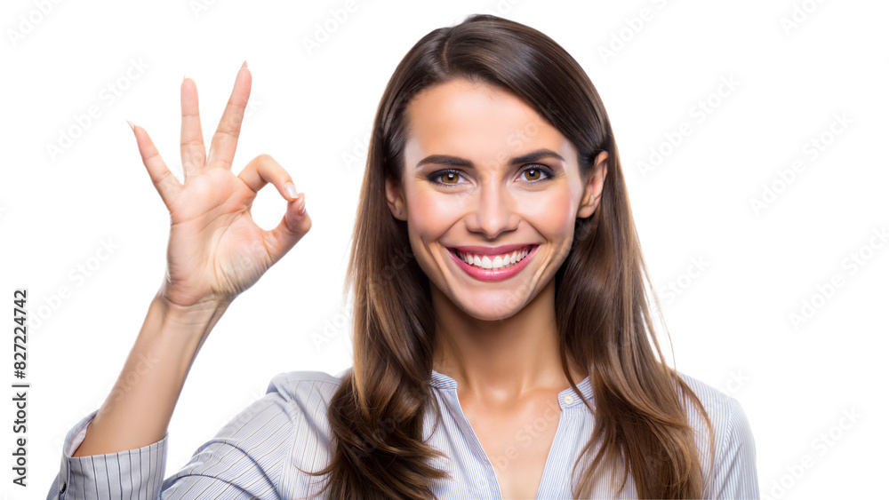 Happy Woman Okay Gesture: A cheerful woman giving an okay sign with her hand, smiling brightly, isolated on a white background.
Happy Woman Okay Gesture: A cheerful woman giving an okay sign with her hand, smiling brightly, isolated on a white background.