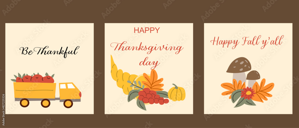 Autumn fall thanksgiving day banner or greeting card with leaves. Celebration design for harvest festival, thanks with food and flower autumn border. Fall thanksgiving day background.