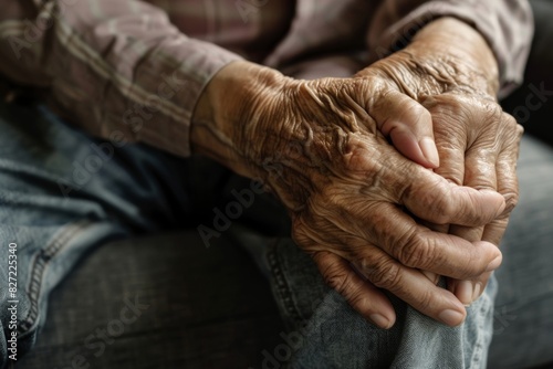 An elderly man's hand gently holds his knee. Signals discomfort and joint pain. © wpw