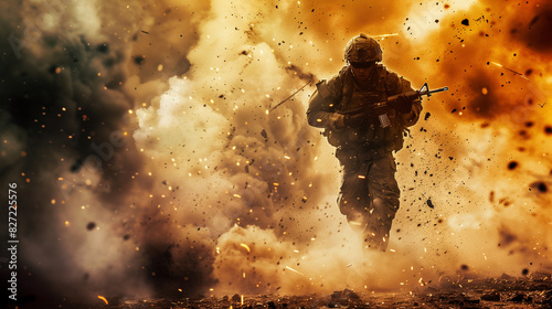 A soldier, gun in hand, runs across the battlefield while a huge explosion goes off behind him. Smoke and fire fill the air, creating a dramatic scene.
