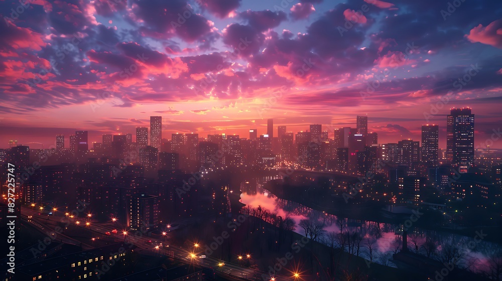 A city skyline at dusk with a colorful sky