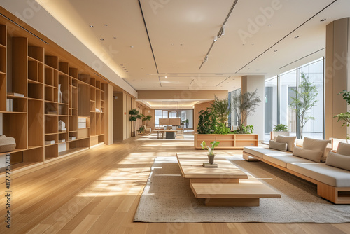 Open-concept minimalist office with clean architectural lines, warm neutral tones, clear midday brightness, and subtle smooth wood textures, creating a calming and uncluttered atmosphere. © Quasarai