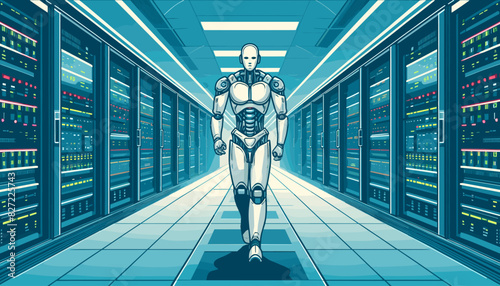 Conceptual image of a humanoid robot working in a data center. Vector illustration.