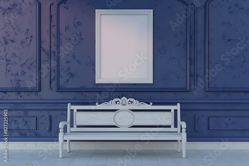Art gallery with a white wooden bench and blank indigo frame at dawn  3D render