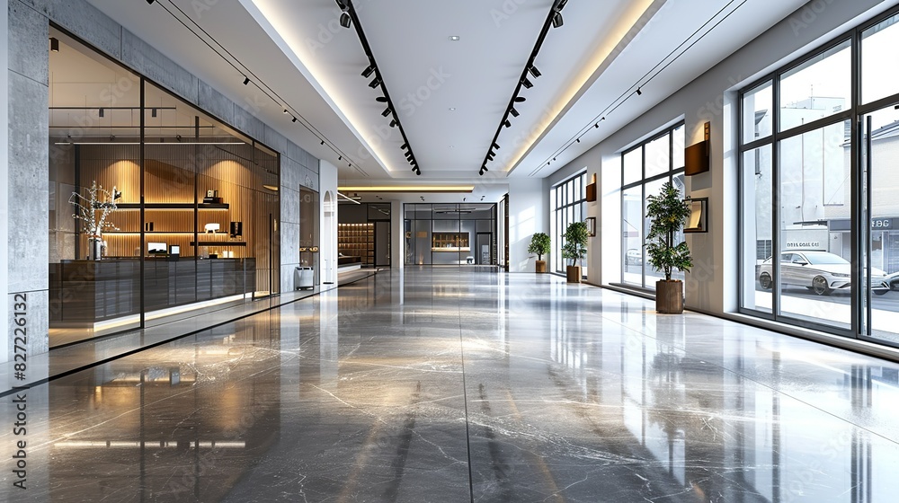 A modern, empty retail space with polished concrete floors, large display windows, and a minimalist design, illustrated in high-resolution 3D. A modern, empty retail space with polished concrete floors, large display windows, and a minimalist design, illustrated in high-resolution 3D.