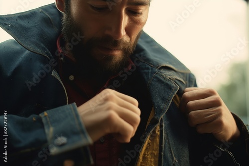 man pulling on jacket, close-up © alisaaa