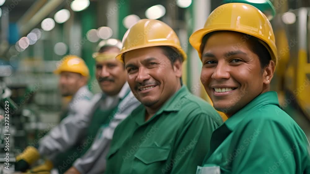 Group of happy Latin American workers in factory looking at camera and smiling
Group of happy Latin American workers in factory looking at camera and smiling