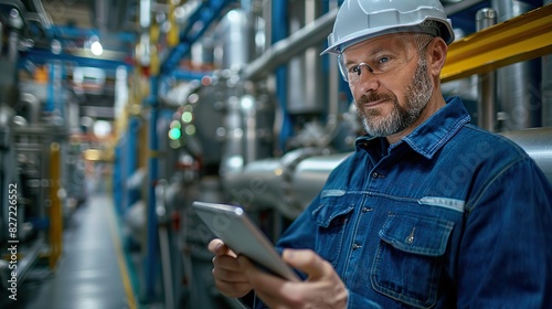 engineer works on a tablet in a factory
