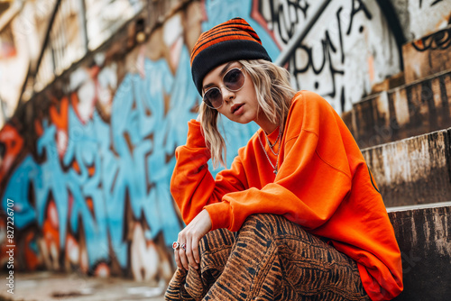 Trendy Urban Portrait of Young Woman in Bright Orange Sweatshirt and Beanie Against Graffiti Wall