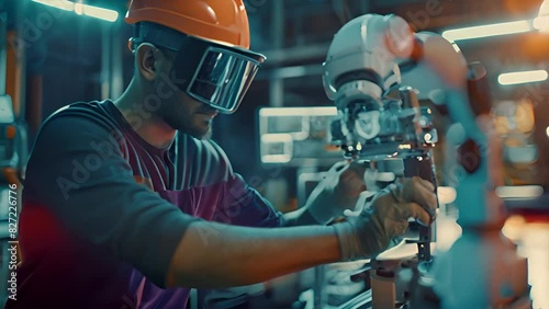 
A robot maintenance engineer works on connecting a robot arm and controlling it using a 4.0 remote control in the Institute of Future Electronics Technology photo