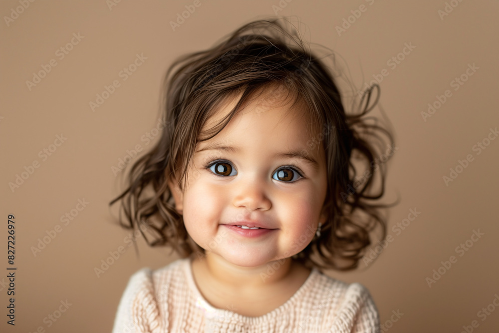 Smiling Toddler Girl in Cream Sweater, Natural Light Portrait Against Beige Background Smiling Toddler Girl in Cream Sweater, Natural Light Portrait Against Beige Background