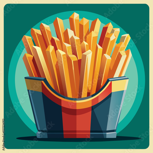 Colorful illustration of French fries in a modern striped container. Bright and vibrant fries in a red, blue, and yellow striped box. Tasty snack concept with fries in a multi-colored contemporary boх