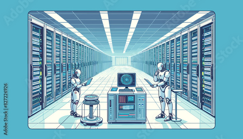 Conceptual image of a humanoid robot working in a data center. Vector illustration.